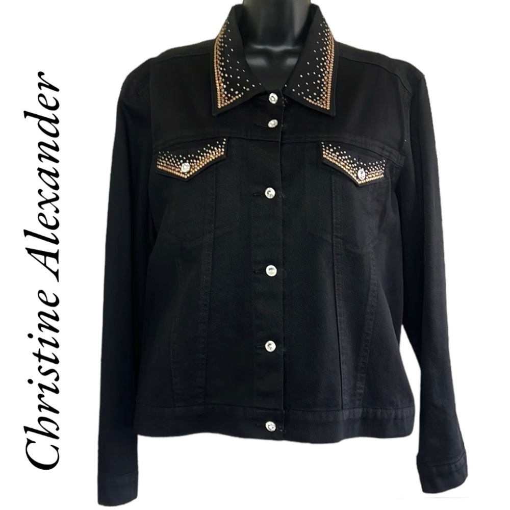 Vintage🧚‍♀️Christine Alexander Swarovski Bejewelled Black Denim Jacket Size XL